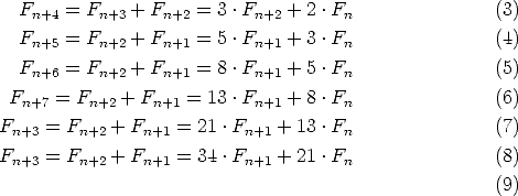  F = F + F = 3 .F + 2 .F (3) n+4 n+3 n+2 n+2 n Fn+5 = Fn+2 + Fn+1 = 5 .Fn+1 + 3 .Fn (4) Fn+6 = Fn+2 + Fn+1 = 8 .Fn+1 + 5 .Fn (5) Fn+7 = Fn+2 + Fn+1 = 13 .Fn+1 + 8 .Fn (6) Fn+3 = Fn+2 + Fn+1 = 21 .Fn+1 + 13 .Fn (7) Fn+3 = Fn+2 + Fn+1 = 34 .Fn+1 + 21 .Fn (8) (9) 